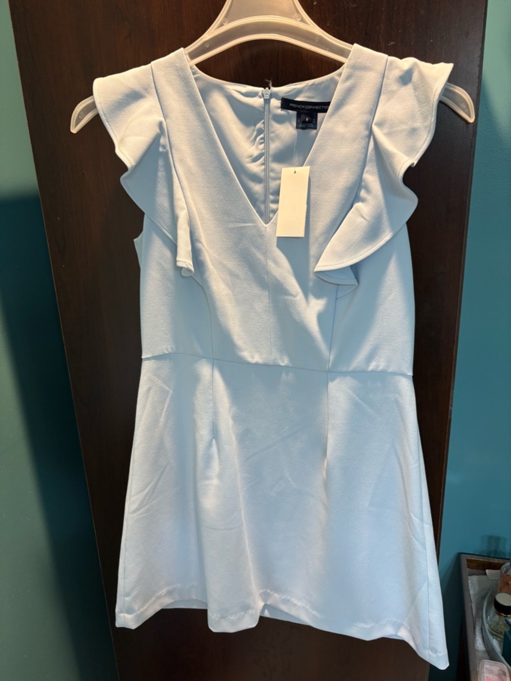 French Connection Light Blue Ruffle V-Neck Mini Dress